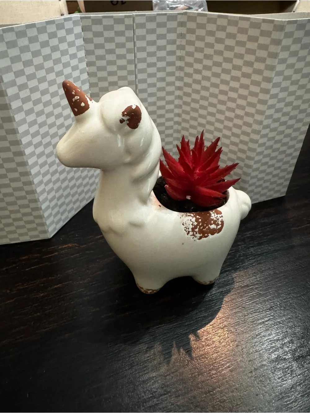 White Ceramic Unicorn Planter with Red Faux Succulent